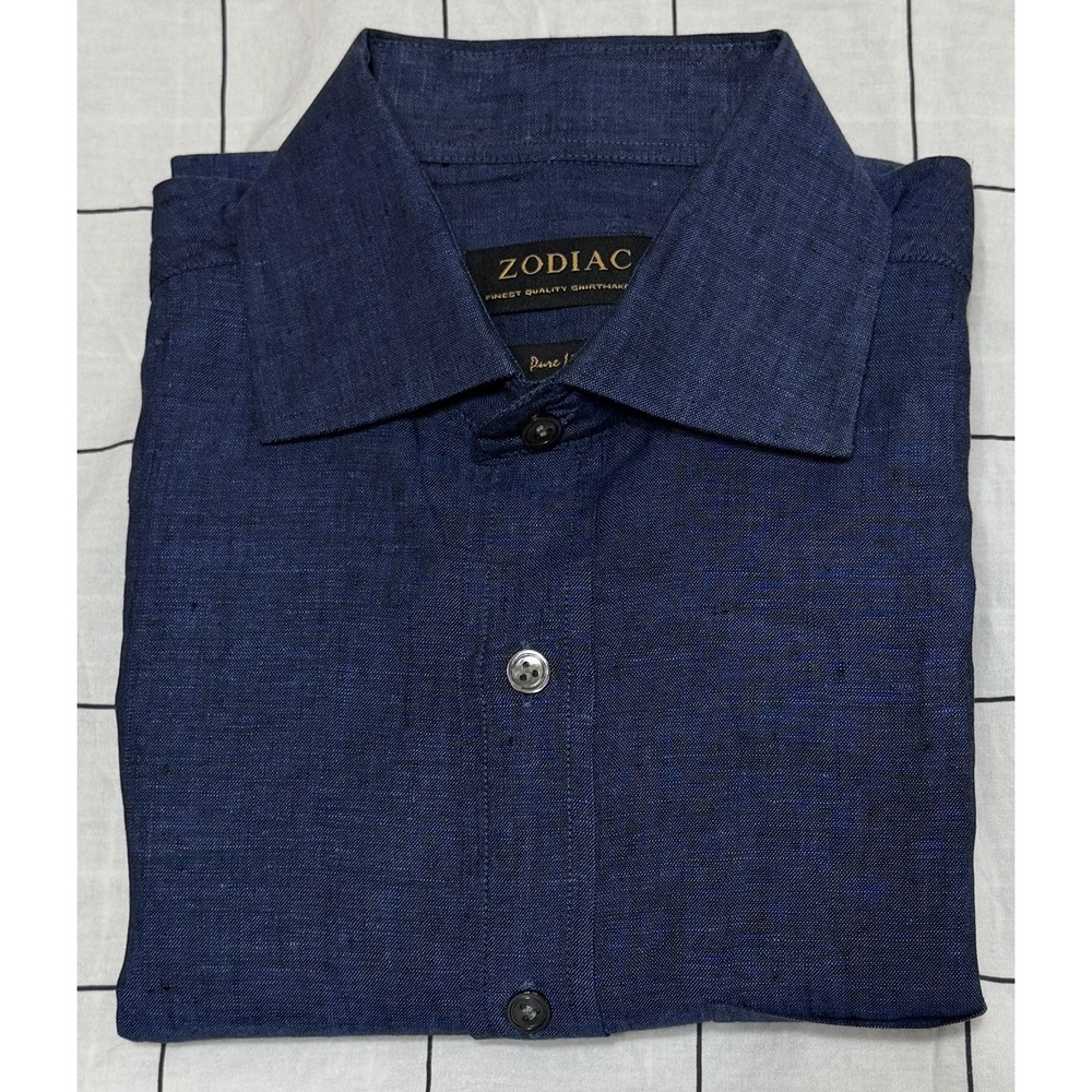 Zodiac 100% Pure Linen Dress Shirt Mens 15 1/2 - 39 Blue Long Sleeve Button Down